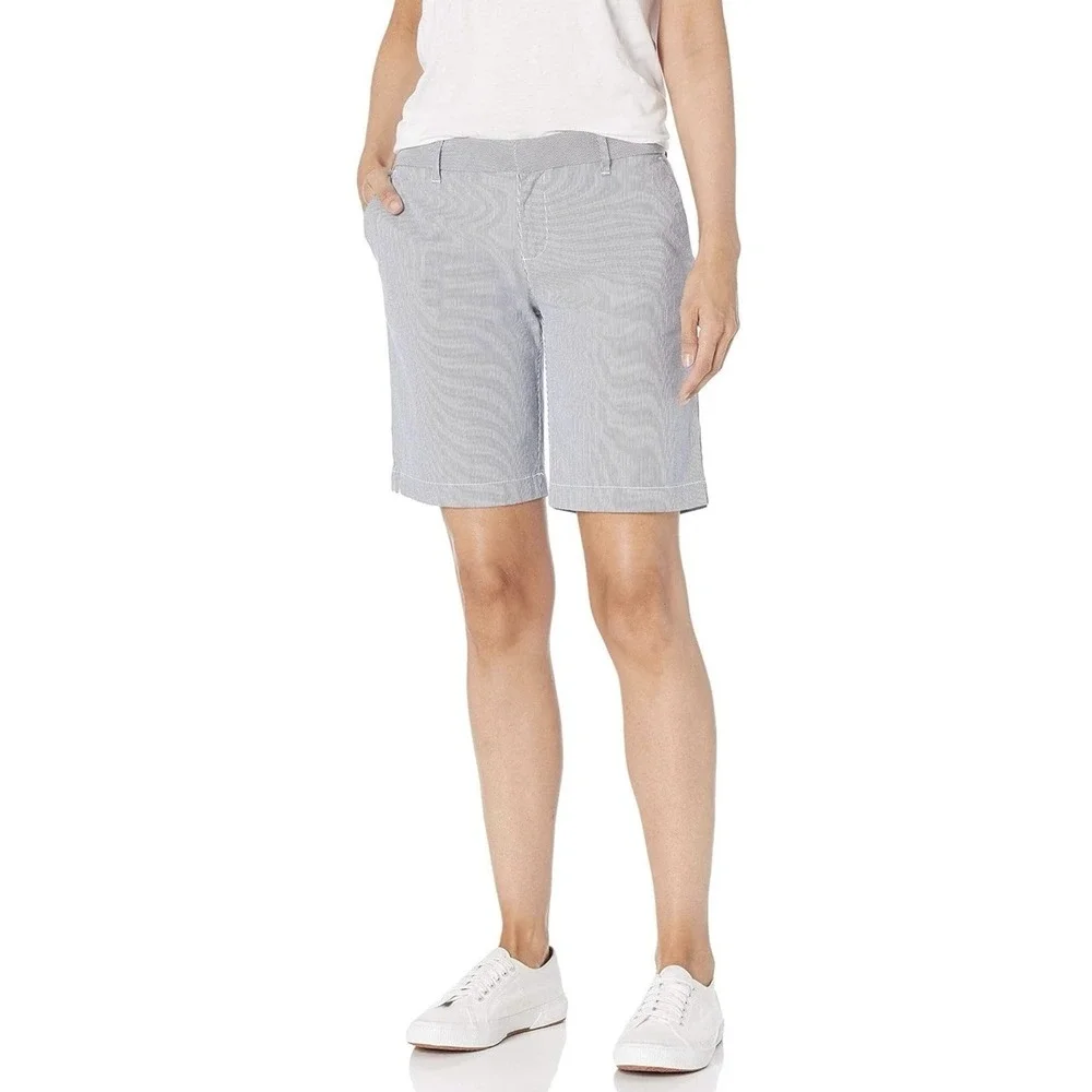 Tommy Hilfiger Hollywood Shorts Womens 14 Blue‎ White Seersucker Stripe 9 Inseam